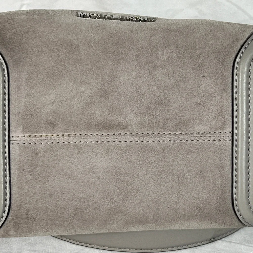 Michael Kors Handbag Gray Taupe Suede Leather Hobo Shoulder‎ Bag Silver MK Logo